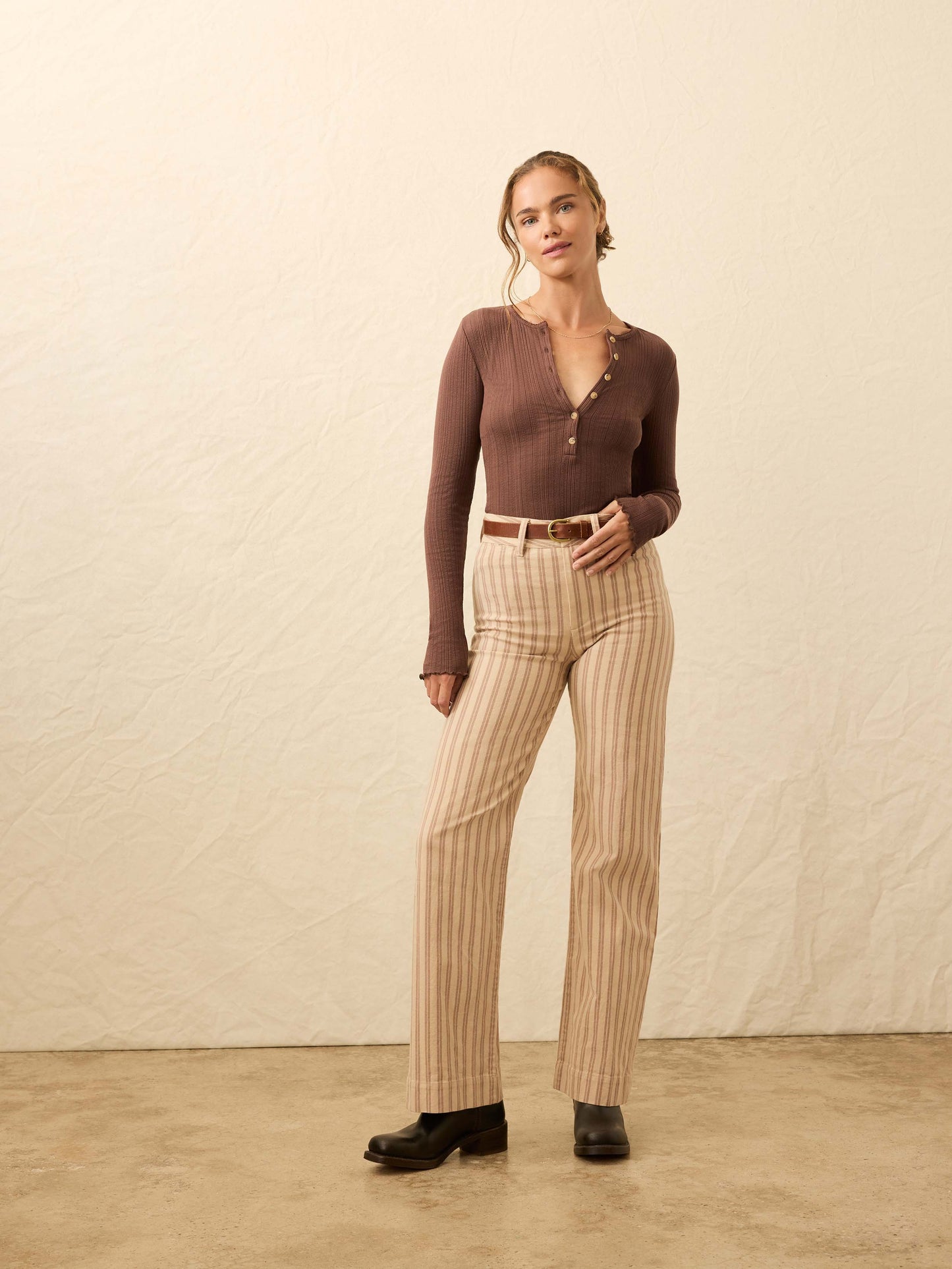 Paradise Pointelle Henley - Chocolate Brown