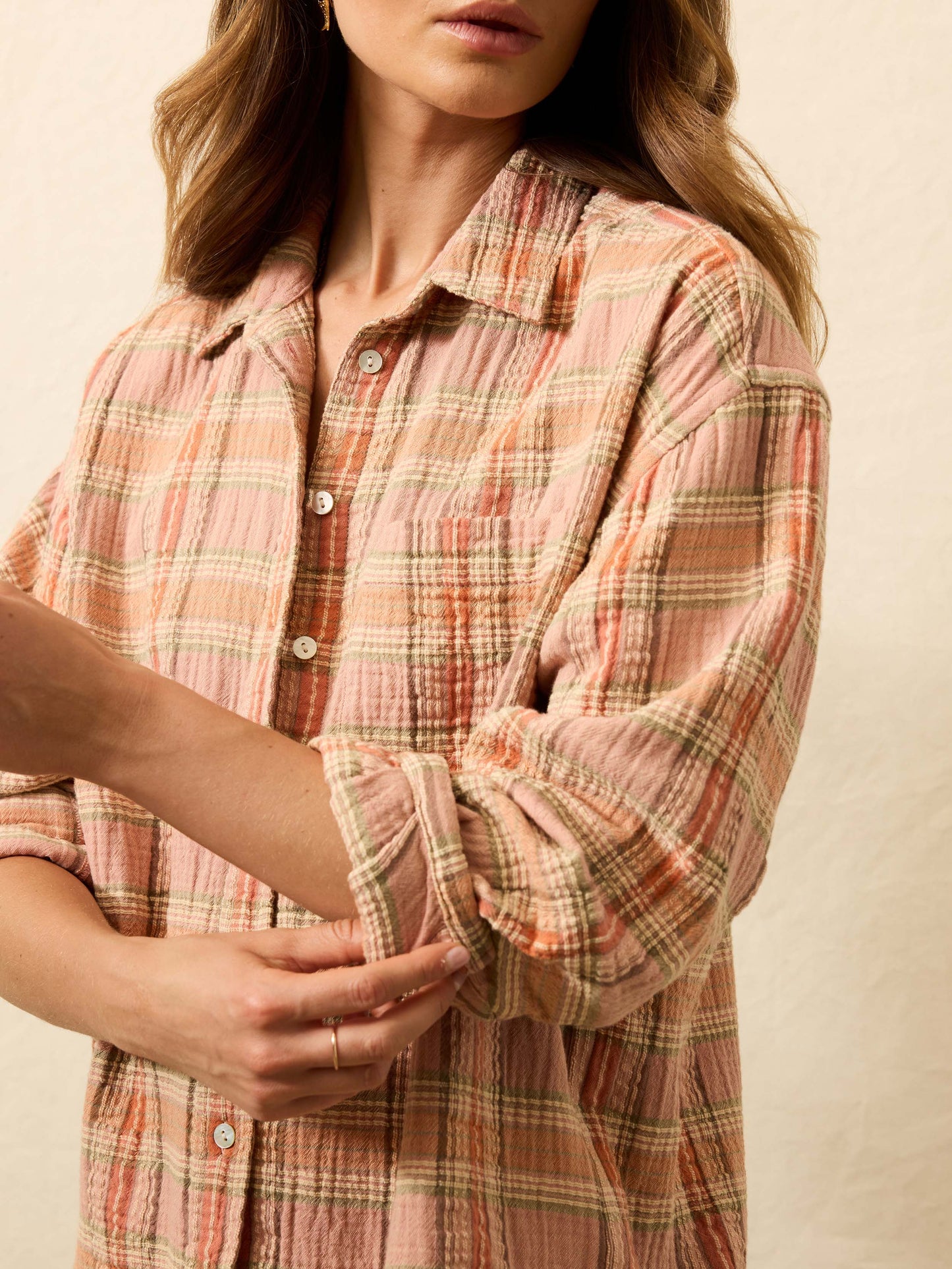 Dune Cotton Gauze Relaxed Shirt - Tinted Rose Water Plaid