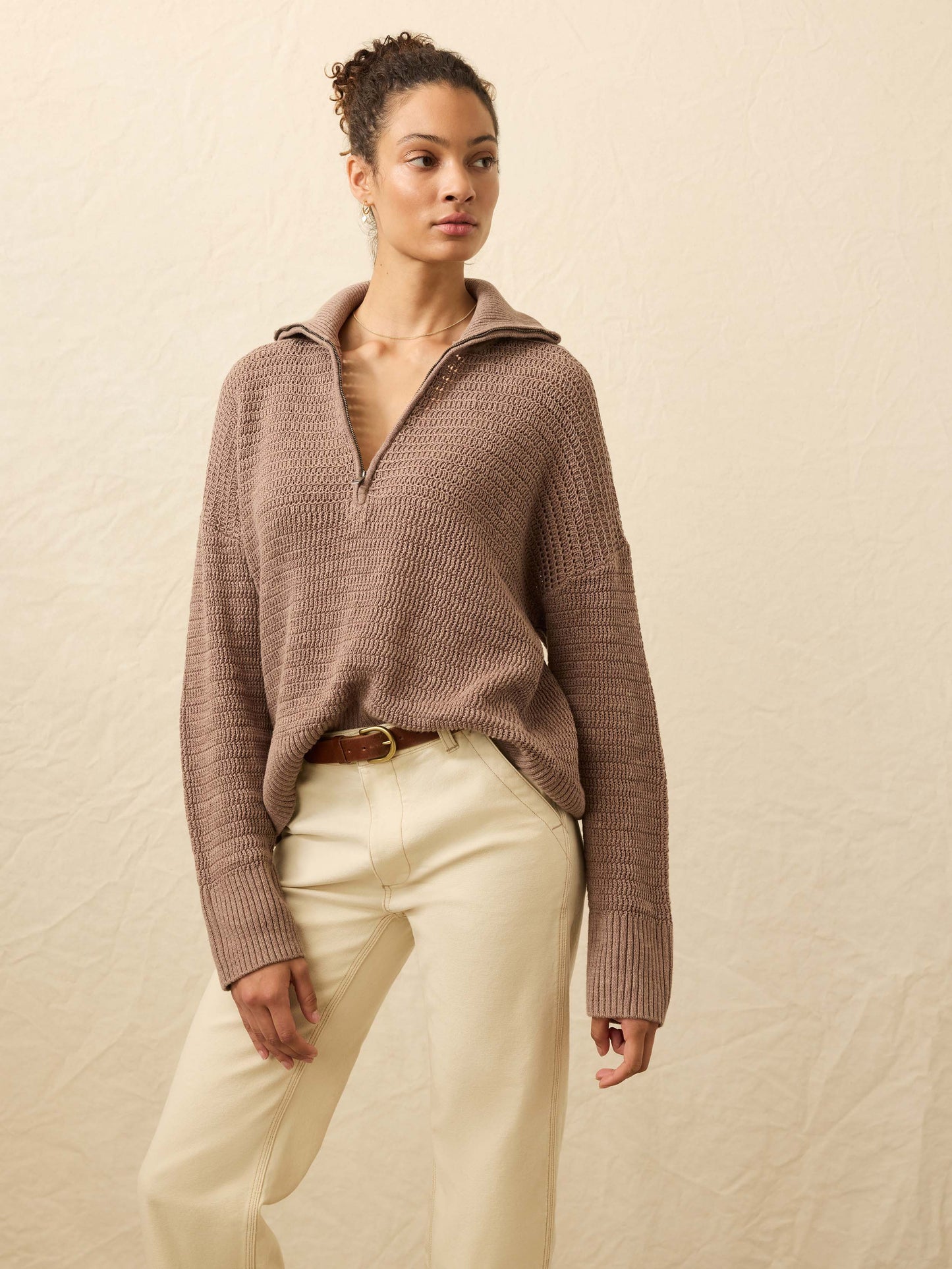 Miramar Linen Quarter Zip - Wood Smoke