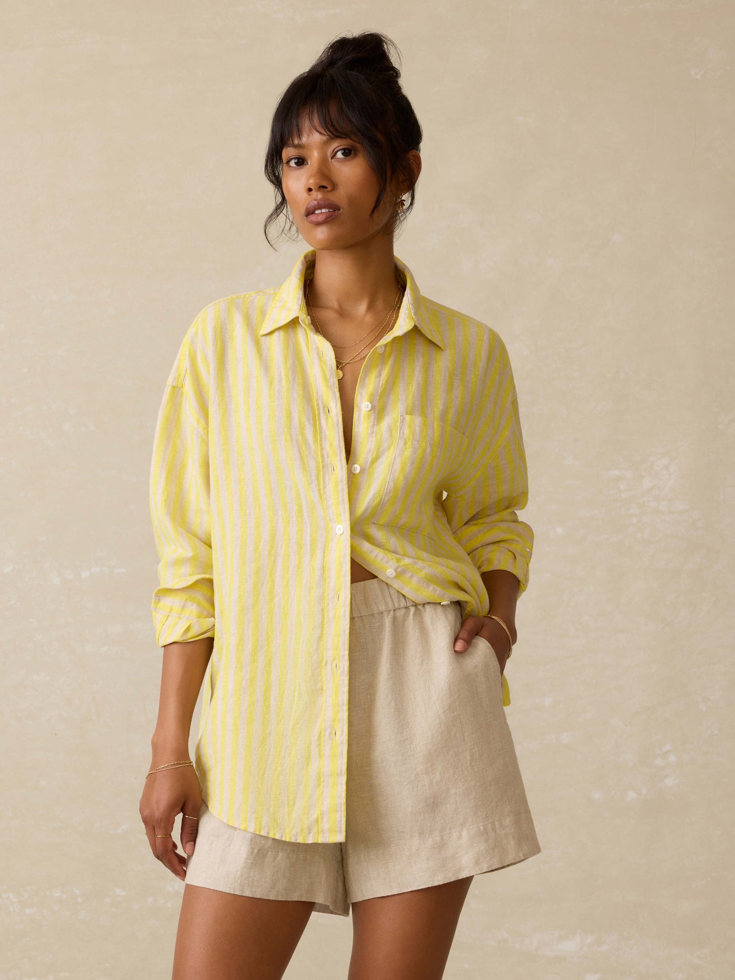 Laguna Linen Relaxed Shirt - Golden Kiwi Lucy Stripe