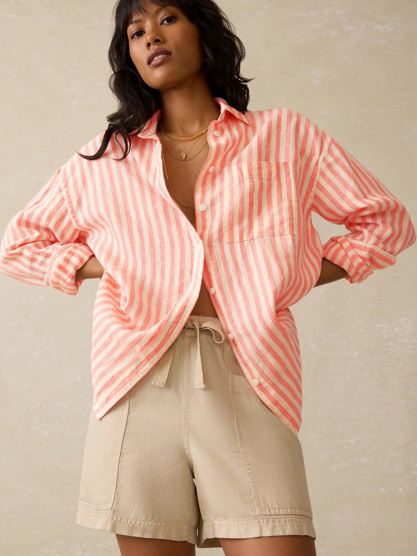 Laguna Linen Relaxed Shirt - Peach Lucy Stripe