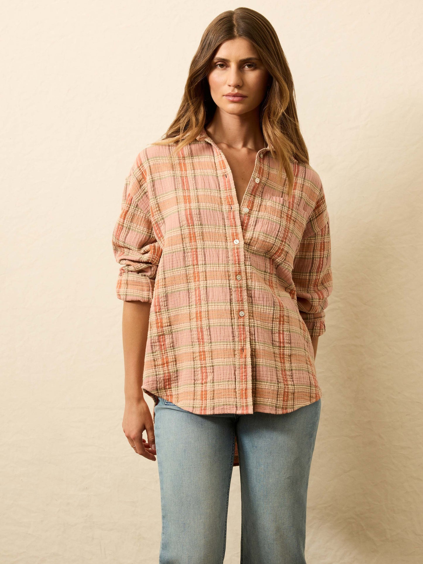 Dune Cotton Gauze Relaxed Shirt - Tinted Rose Water Plaid