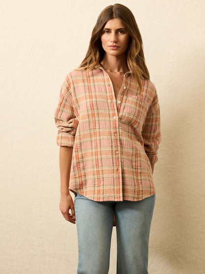 Dune Cotton Gauze Relaxed Shirt - Tinted Rose Water Plaid
