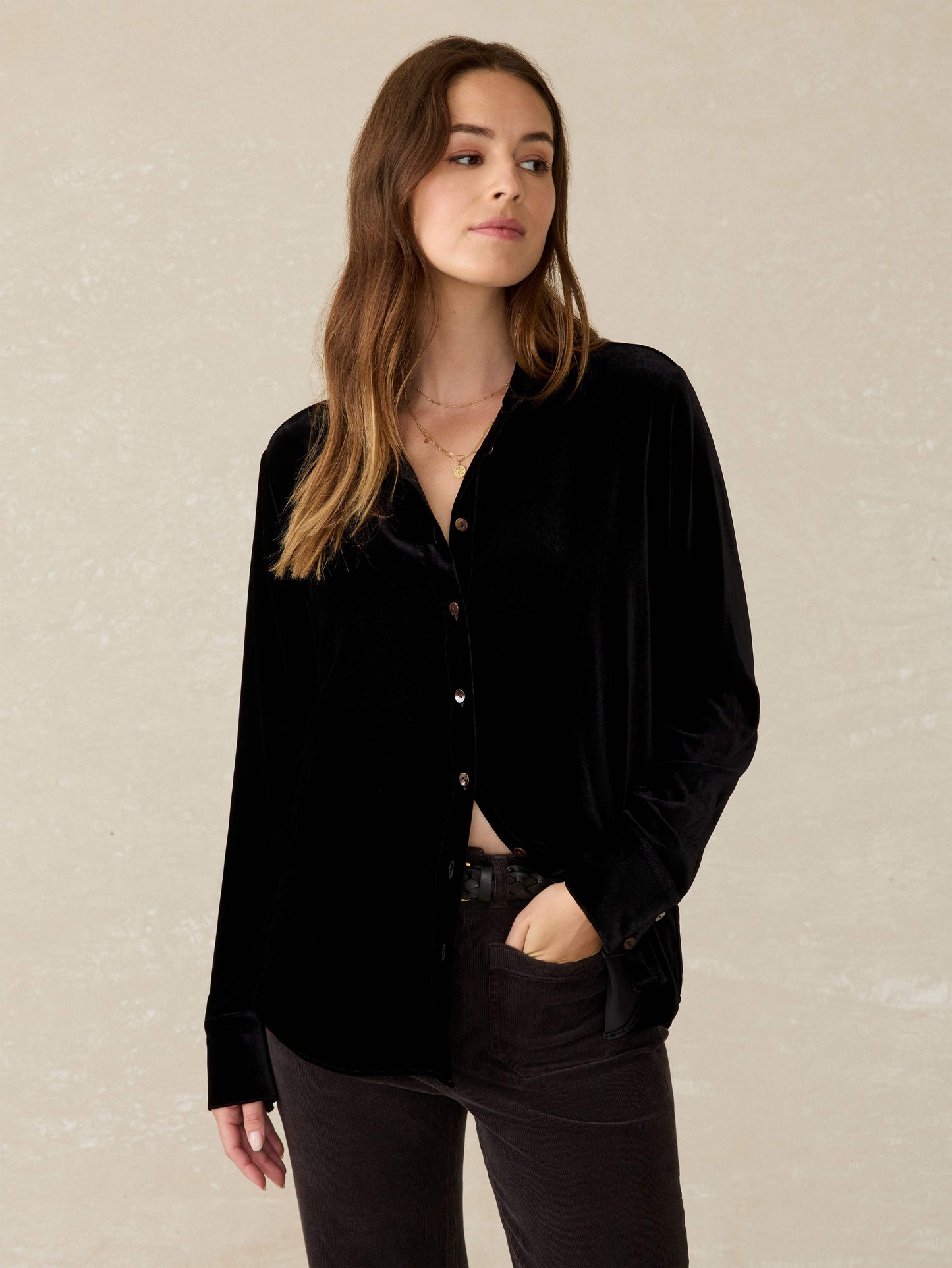 Stretch Silk Velvet Genevieve Shirt - Black