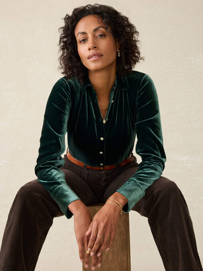Stretch Silk Velvet Genevieve Shirt - Sea Moss
