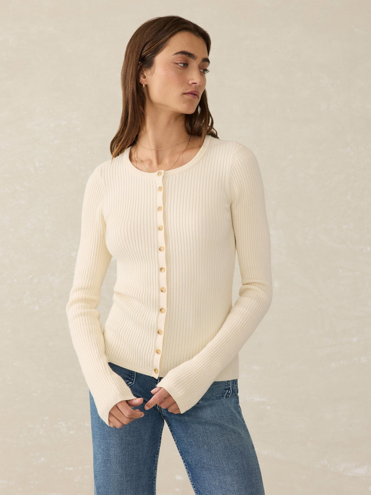 Stretch Cotton Cashmere Rib Cardigan - Whipped Cream
