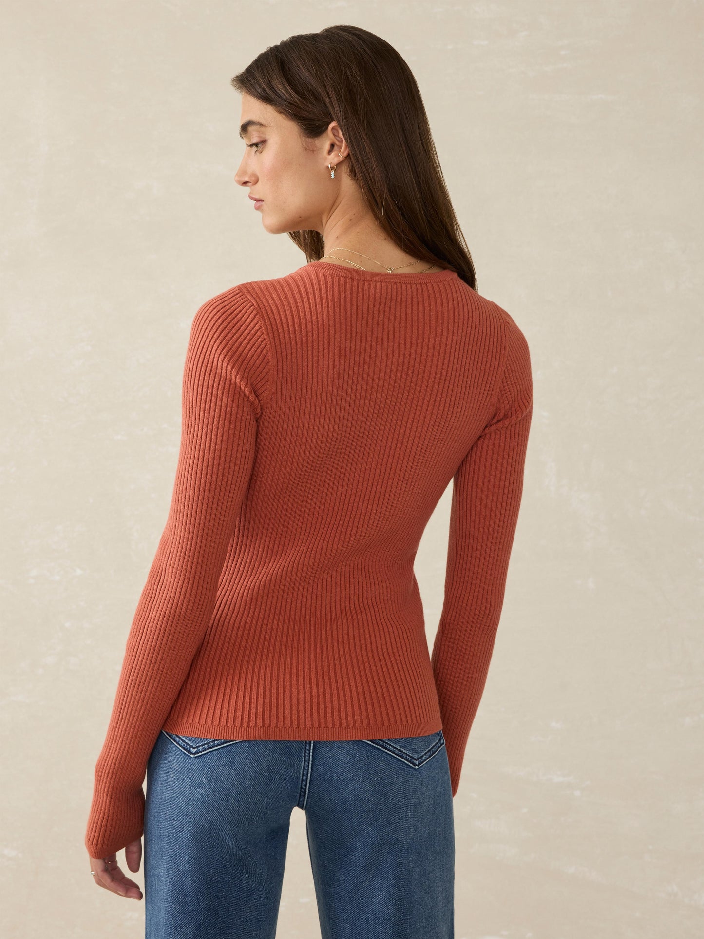 Stretch Cotton Cashmere Rib Cardigan - Red Rock