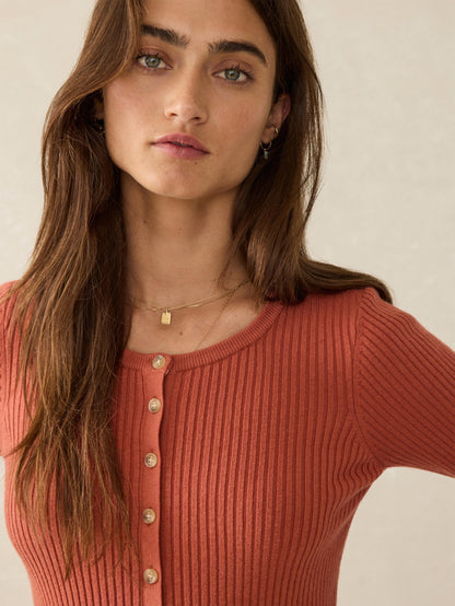 Stretch Cotton Cashmere Rib Cardigan - Red Rock