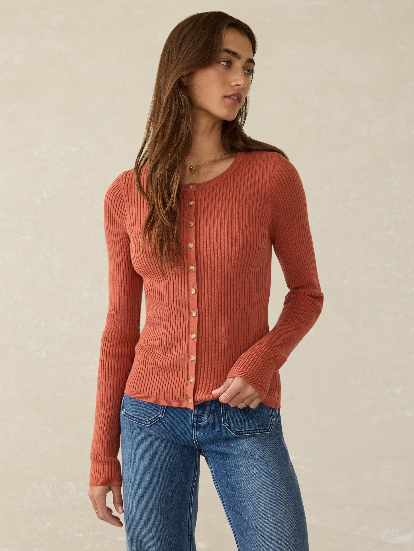 Stretch Cotton Cashmere Rib Cardigan - Red Rock