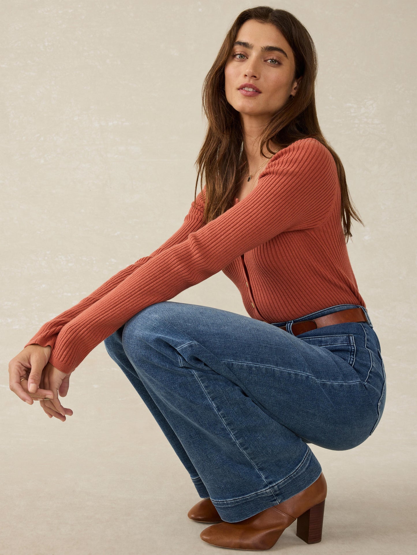 Stretch Cotton Cashmere Rib Cardigan - Red Rock