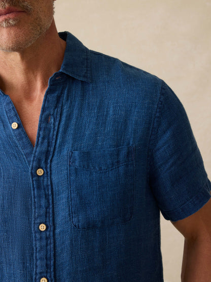 Short-Sleeve Palma Linen Shirt - Indigo Basketweave