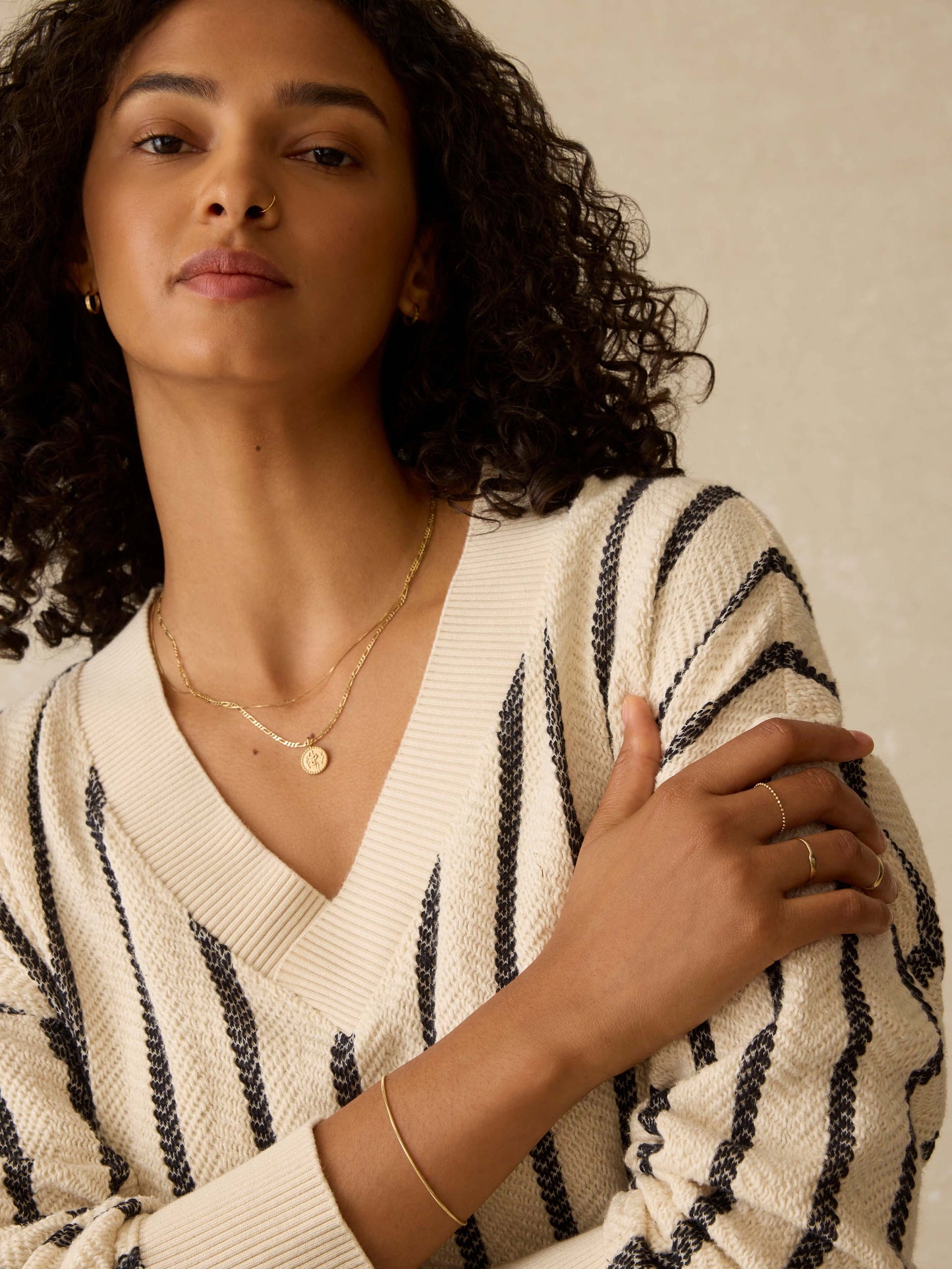 Dockside V-Neck Sweatshirt - Moon Shadow Stripe