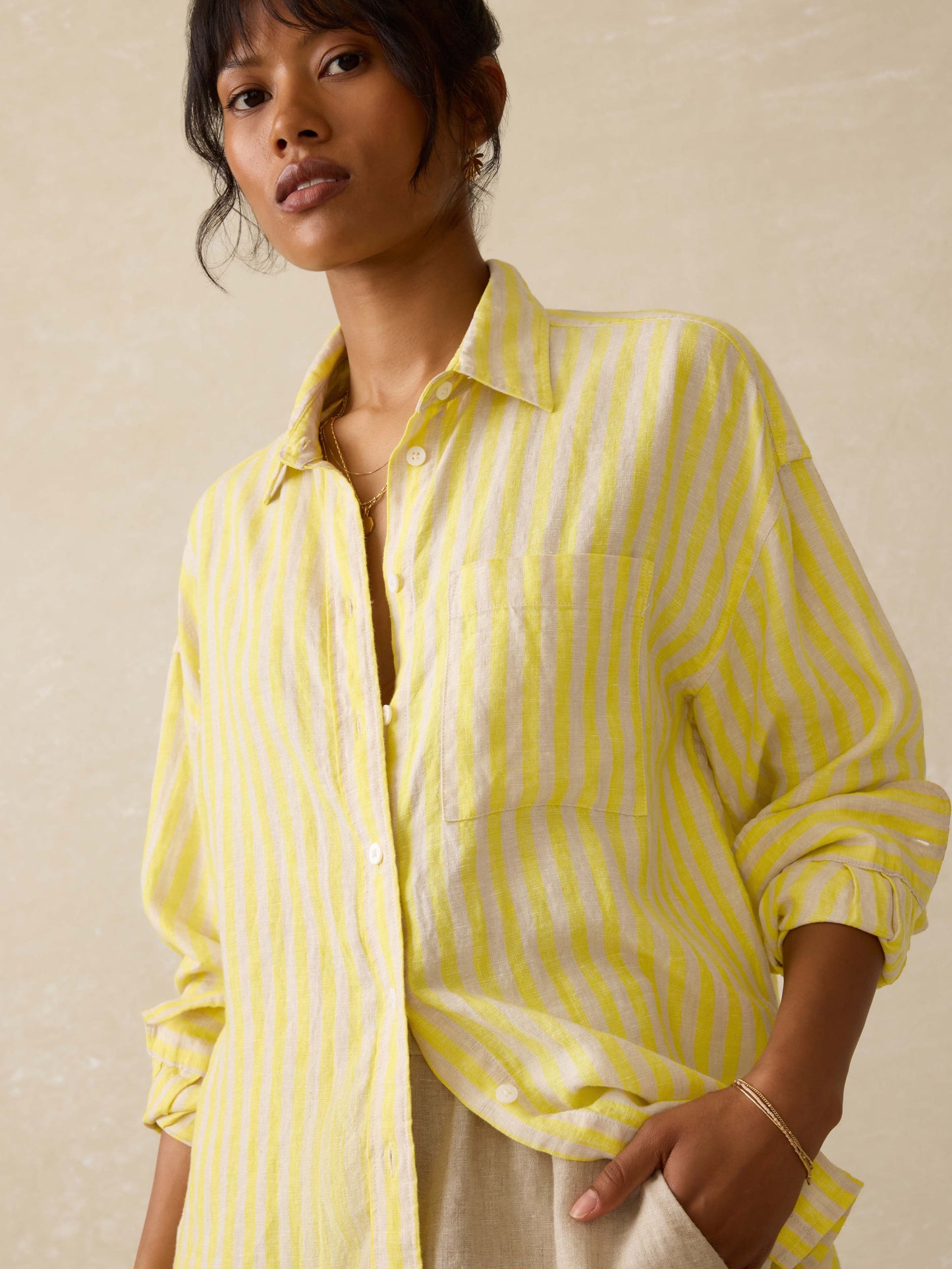 Laguna Linen Relaxed Shirt - Golden Kiwi Lucy Stripe