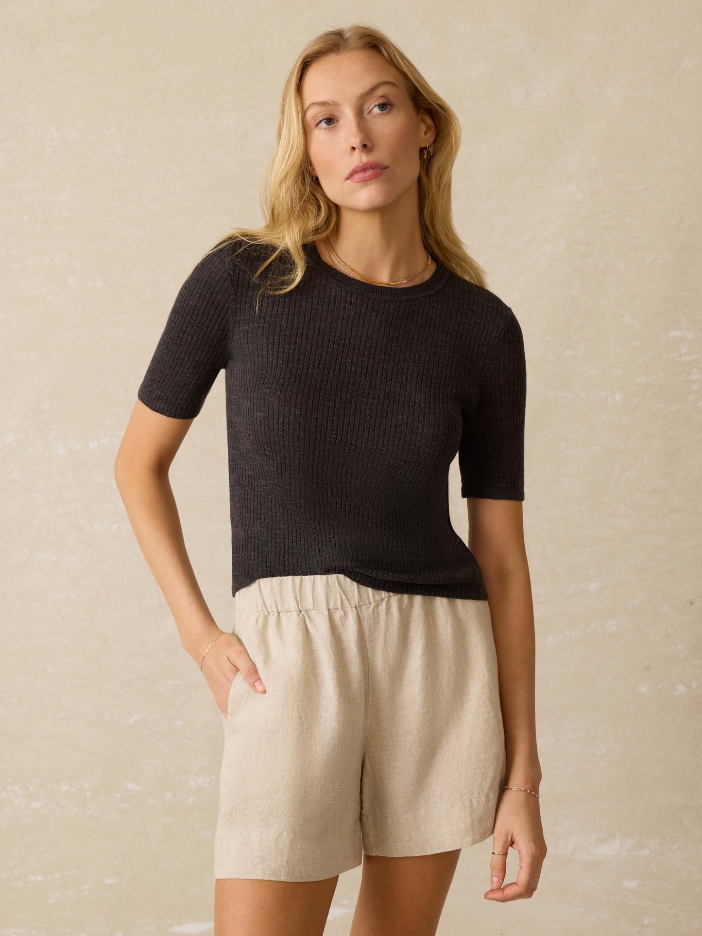 Miramar Linen Mini Rib Tee - Washed Black